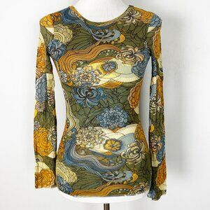 Y2K Sweet Pea Mod Retro Floral Nylon Stretch Top Boho Phoebe Size Small Women's